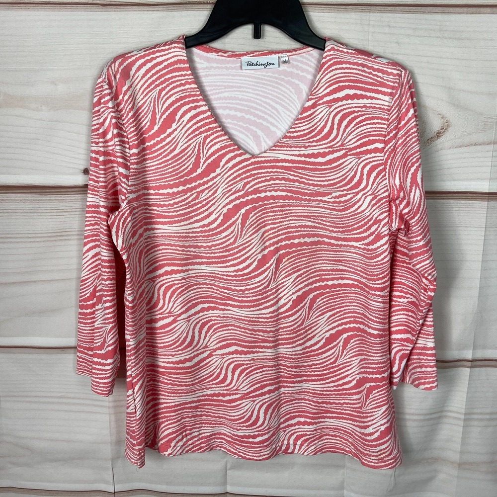 Patchington Top Womens M Pink White Swirl Print T-Shirt 3/4 Sleeve V-Neck Resort